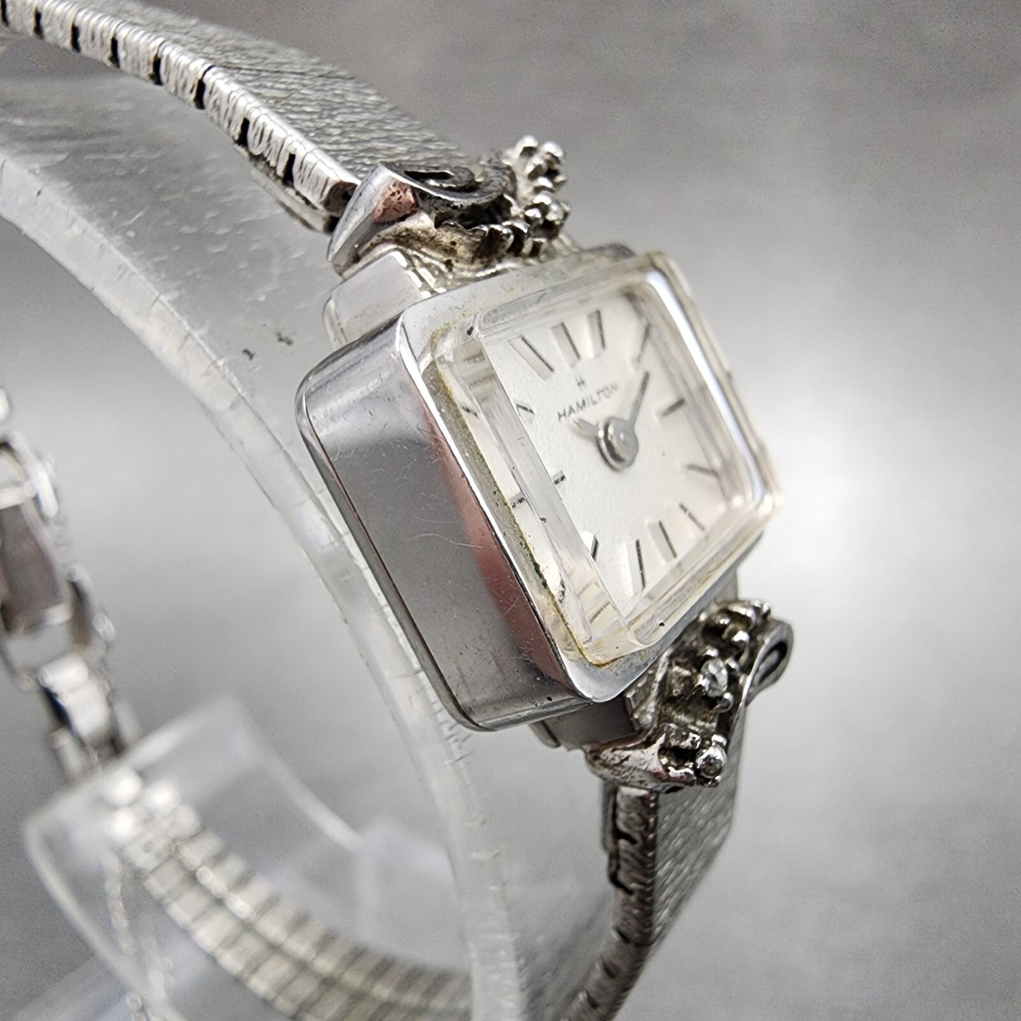 Hamilton Watch Women 15mm White Dial 10K Gold Plated Diamond Accent Manual Wind2