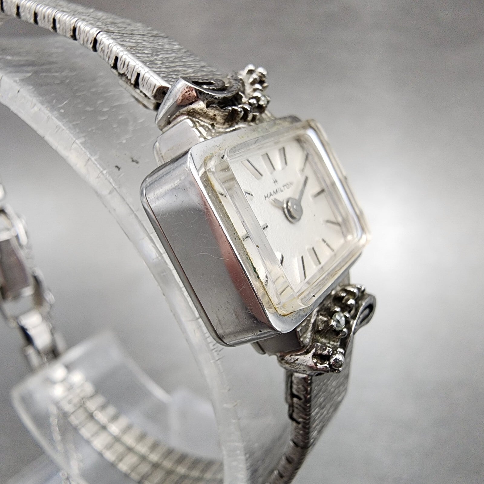 Hamilton Watch Women 15mm White Dial 10K Gold Plated Diamond Accent Manual Wind2