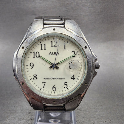 Seiko Alba Watch Men 39mm White Dial Silver Tone Date V7320S00 New Battery0