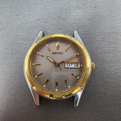 Seiko Watch Men 37mm Gray Dial Two Tone Daydate Round 7N438199 New Battery0