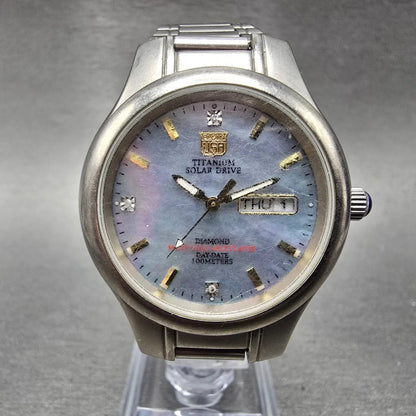 Elgin Solar Watch Men 36mm MOP Dial Titanium Daydate Round FK-1251 Runs0