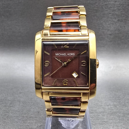 Michael Kors Tortoise Watch Women 29mm Brown Dial Gold Tone Date MK4242 New Batt0