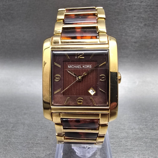 Michael Kors Tortoise Watch Women 29mm Brown Dial Gold Tone Date MK4242 New Batt0