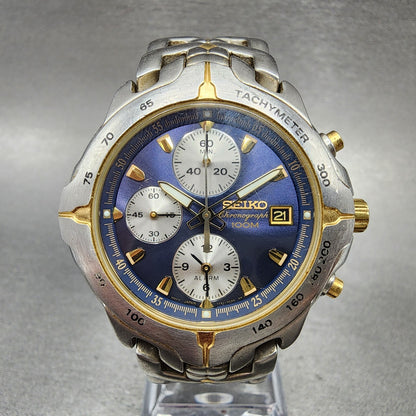 Seiko Chronograph Watch Men 38mm Blue Dial Two Tone Date 7t62-0ch0 New Battery