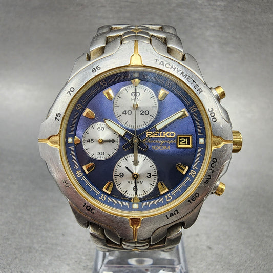 Seiko Chronograph Watch Men 38mm Blue Dial Two Tone Date 7t62-0ch0 New Battery