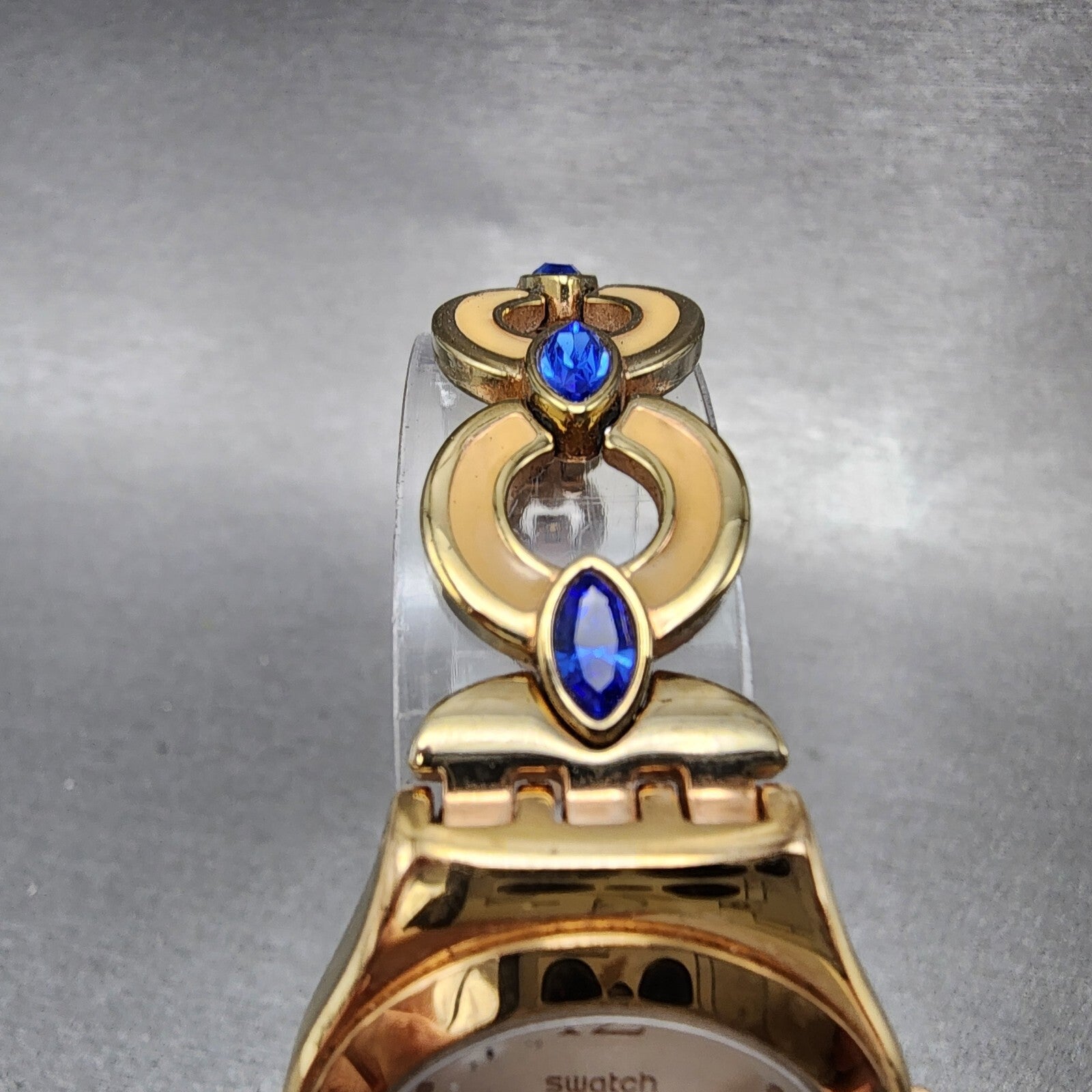 Swatch Irony Watch Women Champagne Dial Rose Gold Tone Round Purple Gems New Bat3