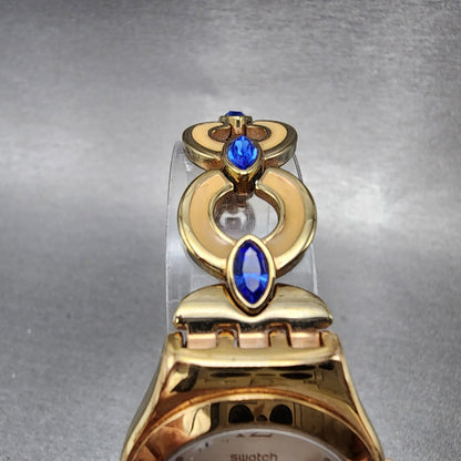 Swatch Irony Watch Women Champagne Dial Rose Gold Tone Round Purple Gems New Bat3