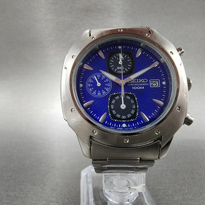 Seiko Chronograph Watch Men 39mm Blue Dial Silver Tone Date 7t92-0cl0 New Batt