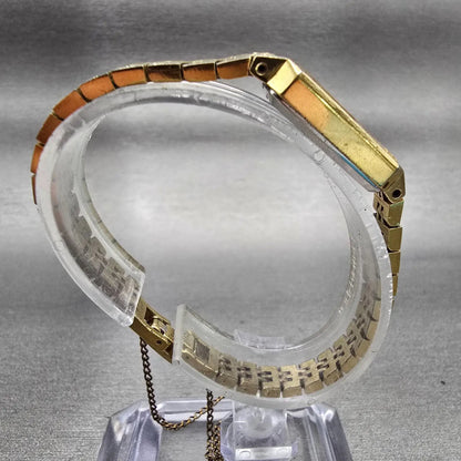 Seiko Watch Women 12mm Gold Dial Gold Tone Rectangle 1320-5029 New Battery VTG8