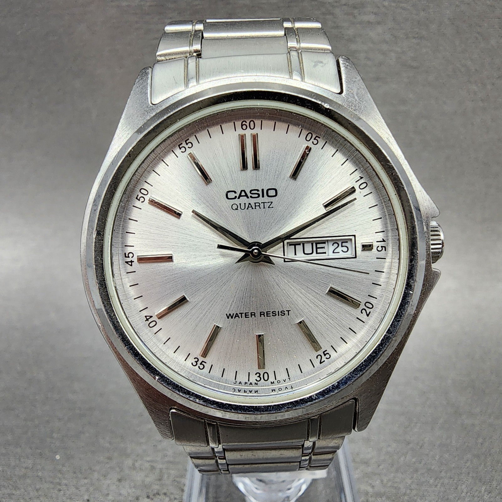 Casio Watch Men 37mm Silver Dial Silver Tone Daydate MTP1239DJ New Battery0