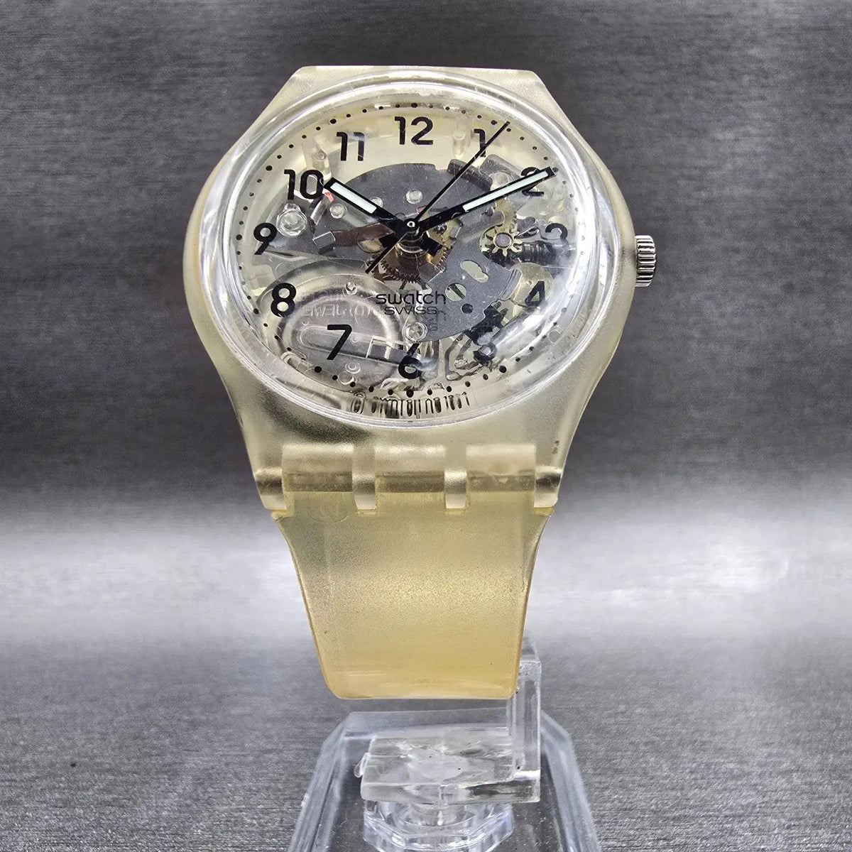 Swatch Transparent Watch Men 34mm Skeleton Dial Clear Case Round GK209 New Batt5