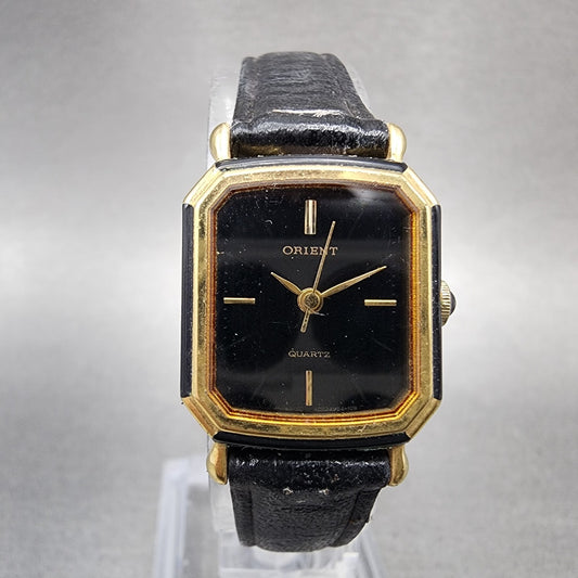 Orient Tank Watch Women 20mm Black Dial Gold Tone Rectangle A0549940 New Battery0