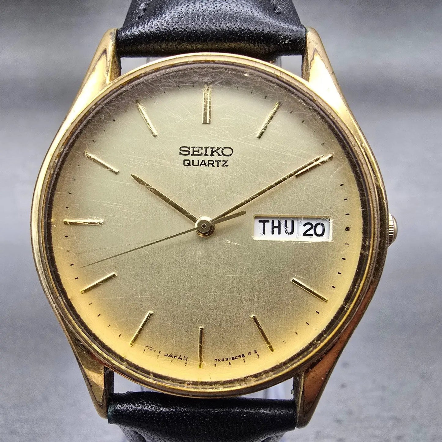 Seiko Watch Men 34mm Gold Dial Gold Tone Daydate Round 7N43-8A89 New Battery VTG1