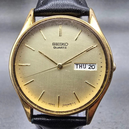 Seiko Watch Men 34mm Gold Dial Gold Tone Daydate Round 7N43-8A89 New Battery VTG1