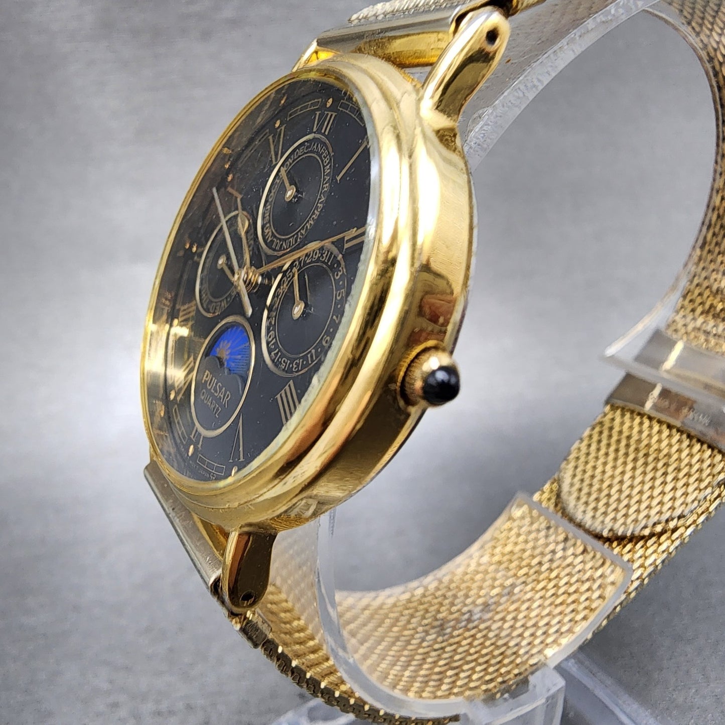 Pulsar Sun Moon Watch Men 32mm Black Dial Gold Tone Daydate Month New Battery2