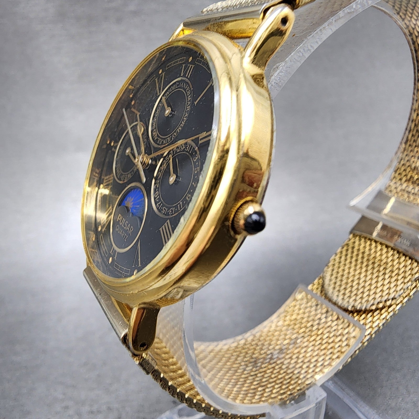 Pulsar Sun Moon Watch Men 32mm Black Dial Gold Tone Daydate Month New Battery2