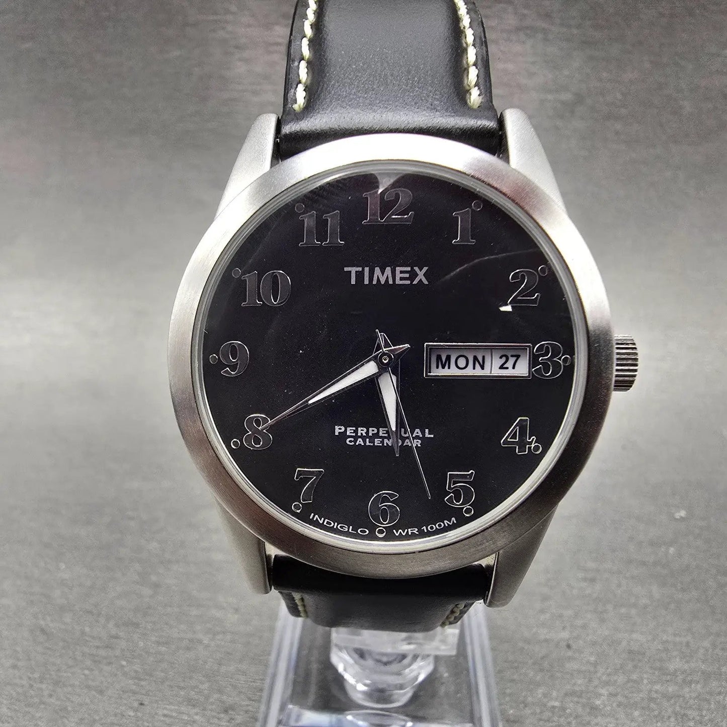 Timex Perpetual Calendar Watch Men 37mm Black Dial Silver Tone Daydate New Batt1