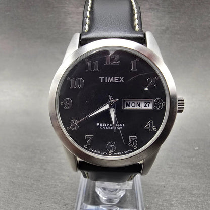 Timex Perpetual Calendar Watch Men 37mm Black Dial Silver Tone Daydate New Batt1