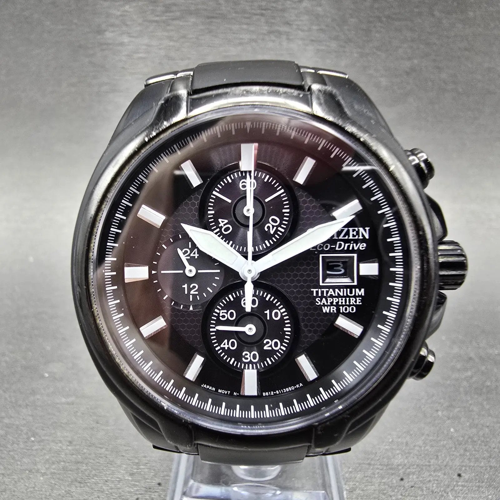 Citizen Eco-Drive Chronograph Watch Men 43mm Black Dial Titanium Date CA0265-59E0
