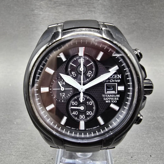 Citizen Eco-Drive Chronograph Watch Men 43mm Black Dial Titanium Date CA0265-59E0