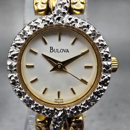 Bulova Watch Women 19mm White Dial Gold Tone Diamond Round 98R38 New Battery1