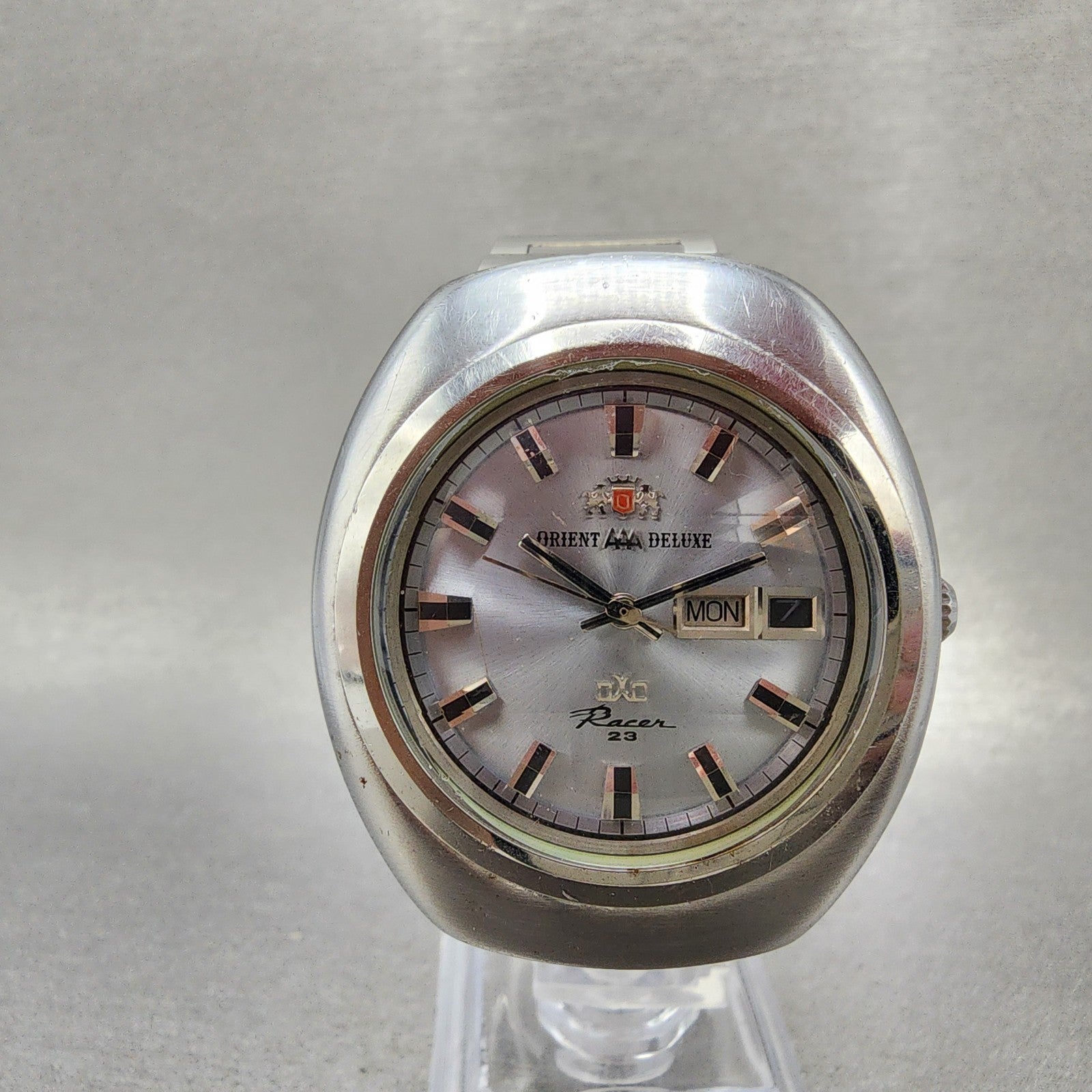 Orient AAA Deluxe Racer Watch Men 38mm Silver Dial Steel Daydate Automatic Runs0