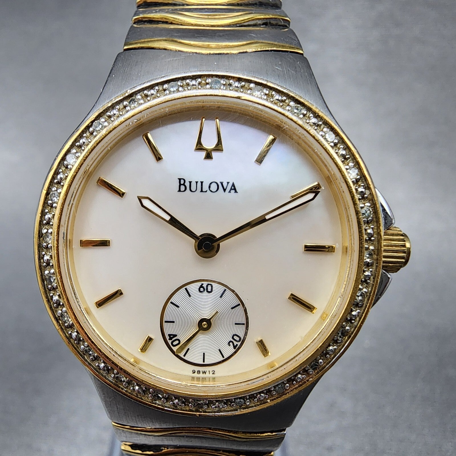 Bulova Watch Women 29mm MOP Dial Two Tone Diamond Bezel Round New Battery 98W121