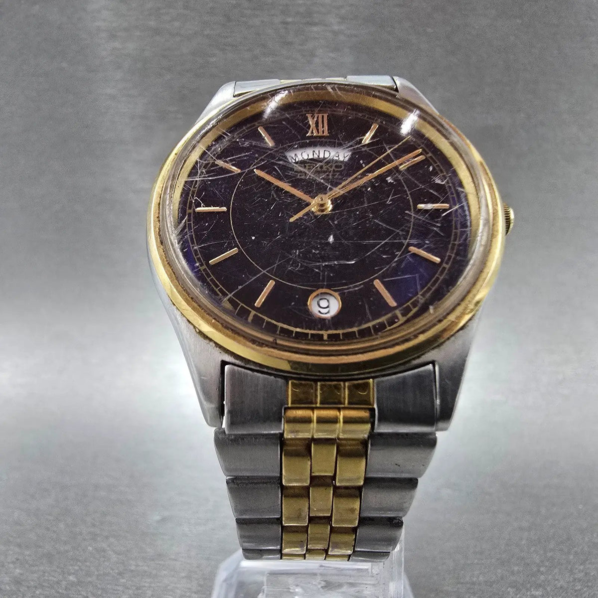 Seiko Watch Men 35mm Blue Dial Two Tone Daydate Round 7N43-8A39 VTG PARTS6