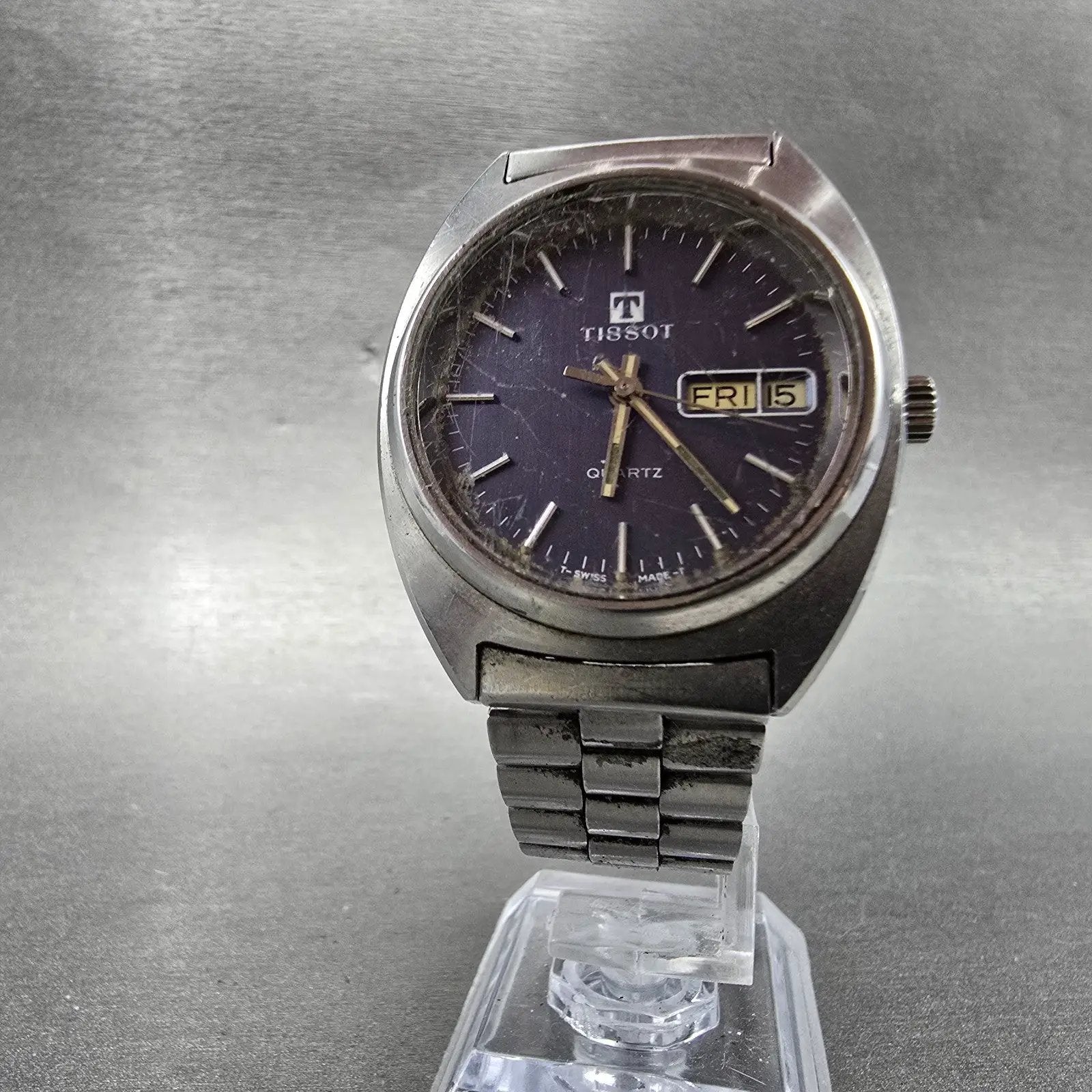 Tissot Watch Men 34mm Blue Dial Silver Tone Daydate Round Vintage Quartz PARTS F6