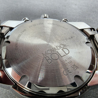 Movado Bold Verso Chronograph Watch Men 44mm Blue Dial Steel Date READ!! 36008659
