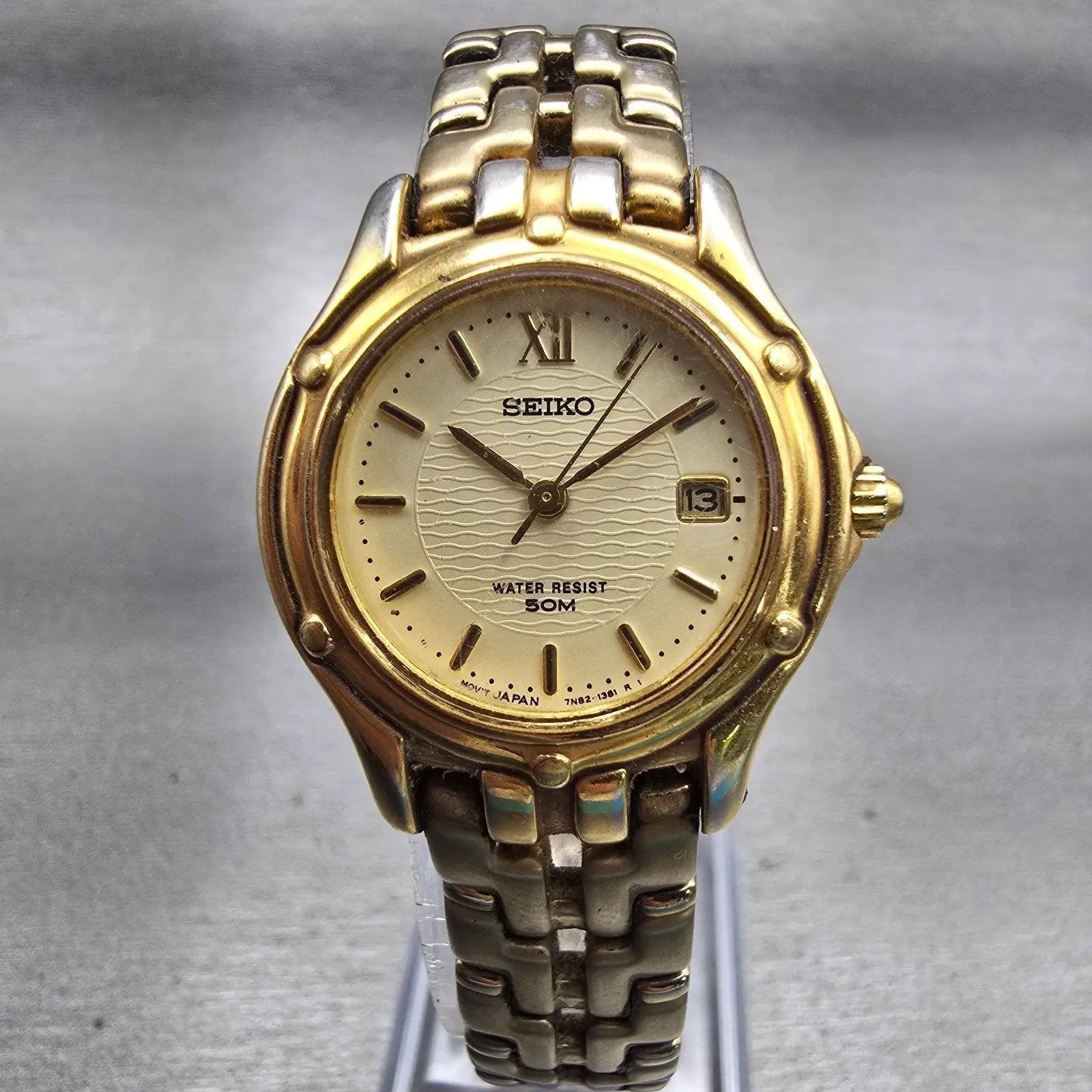Seiko Watch Women 26mm Champagne Dial Two Tone Date Round 7N82-0599 New Battery0
