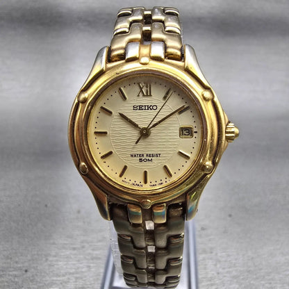Seiko Watch Women 26mm Champagne Dial Two Tone Date Round 7N82-0599 New Battery0