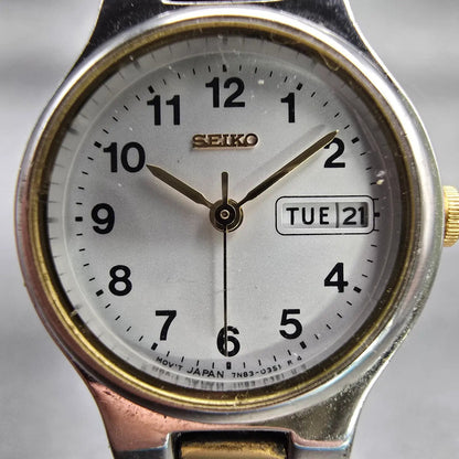 Seiko Watch Women 24mm White Dial Two Tone Daydate Round 7N83-0131 New Battery1