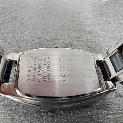 Seiko Solar Watch Women 19mm Black Dial Silver Tone Crystal Accent Runs V1150AY09