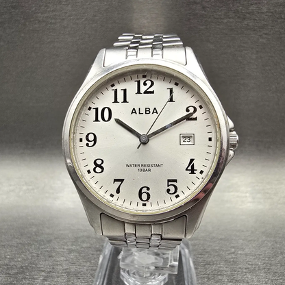 Seiko Alba Watch Men 36mm Silver Dial Silver Tone Date Round VX32-K007 New Batt0