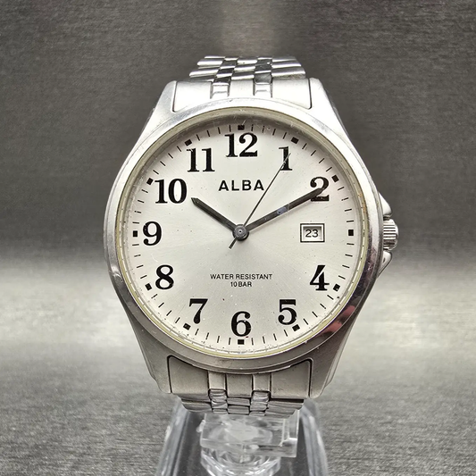 Seiko Alba Watch Men 36mm Silver Dial Silver Tone Date Round VX32-K007 New Batt0