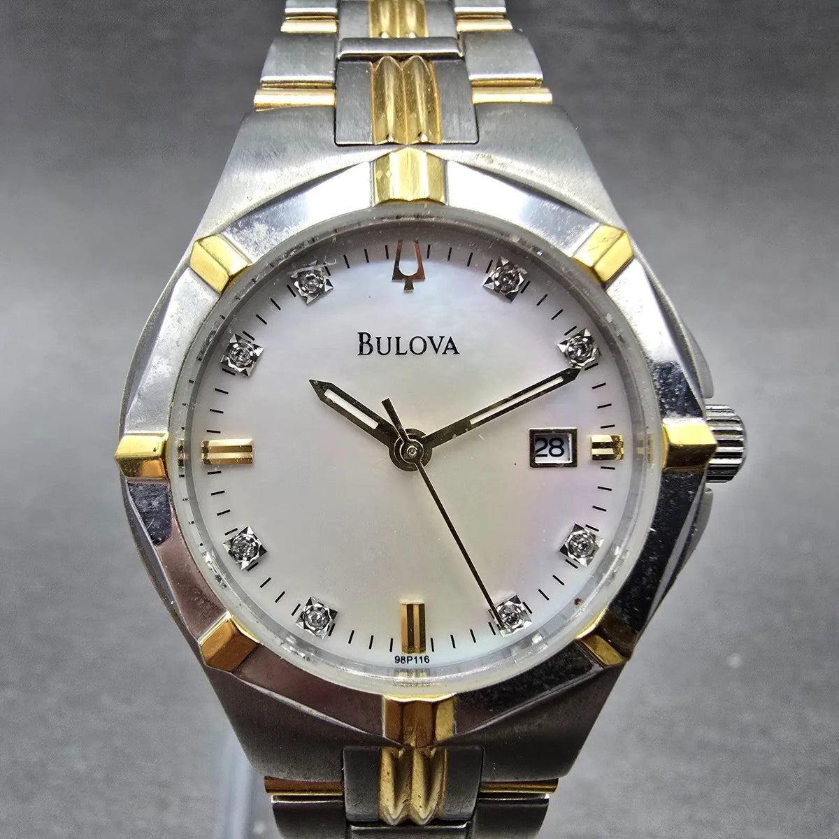Bulova Watch Women 29mm MOP Dial Two Tone Date Round Diamonds 98P116 New Battery0