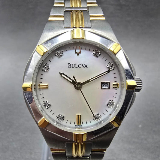 Bulova Watch Women 29mm MOP Dial Two Tone Date Round Diamonds 98P116 New Battery0