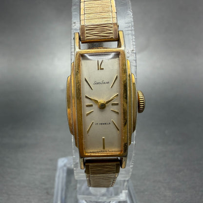 Seiko Solar Tank Watch Women 15mm White Dial Gold Tone Rectangle 562 Manual Runs0