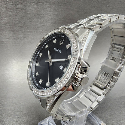 Bulova Watch Men 43mm Black Dial Steel Crystal Accents Date Round 96K105