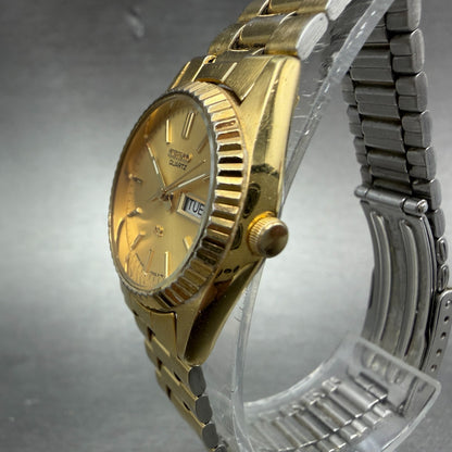 Seiko SQ Watch Women 25mm Gold Dial Gold Tone Daydate Round 2A23-0039 NewBat VJK2