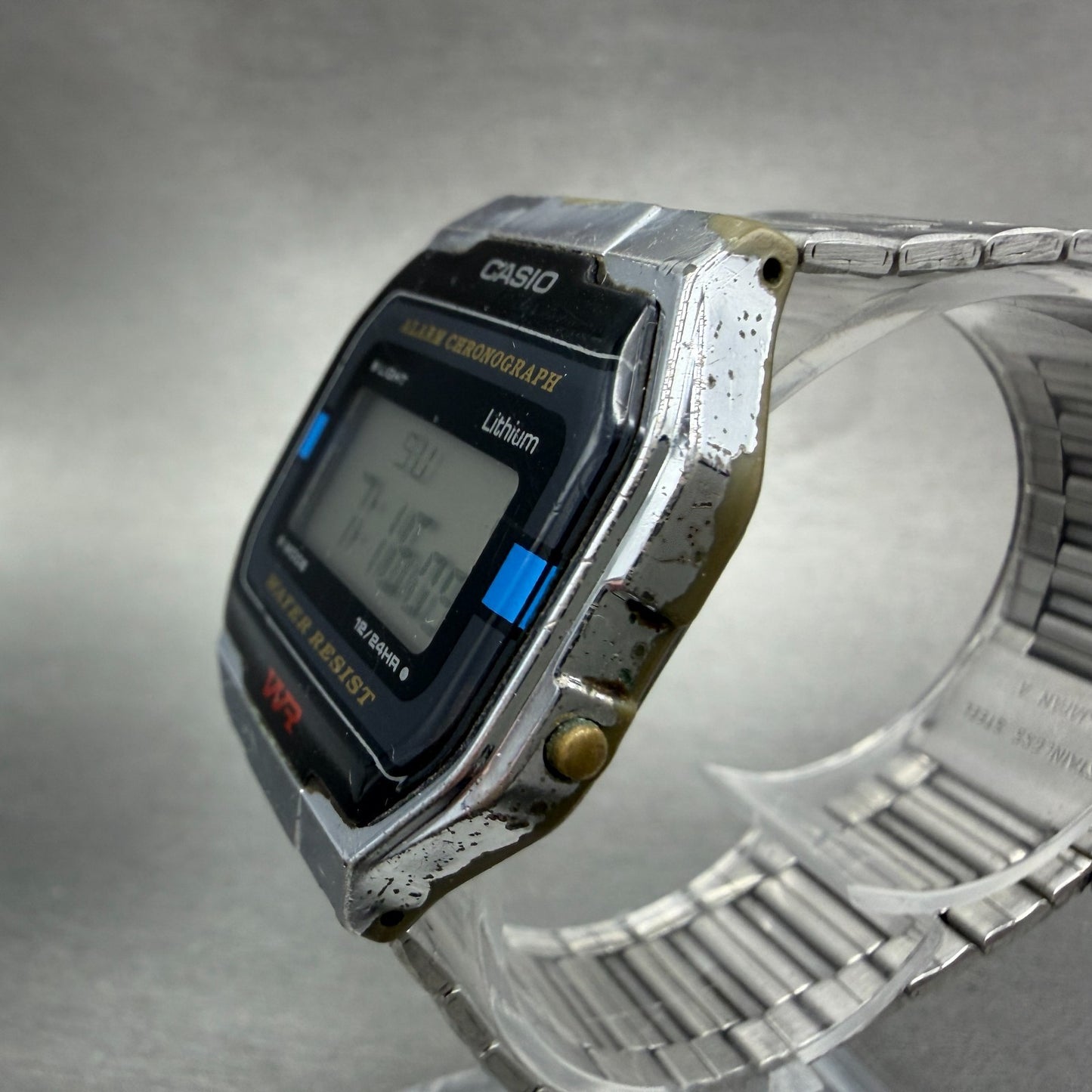 Casio A163W Watch Men 33mm Digital Silver Tone Alarm Chrono Octagon New batt VTG2