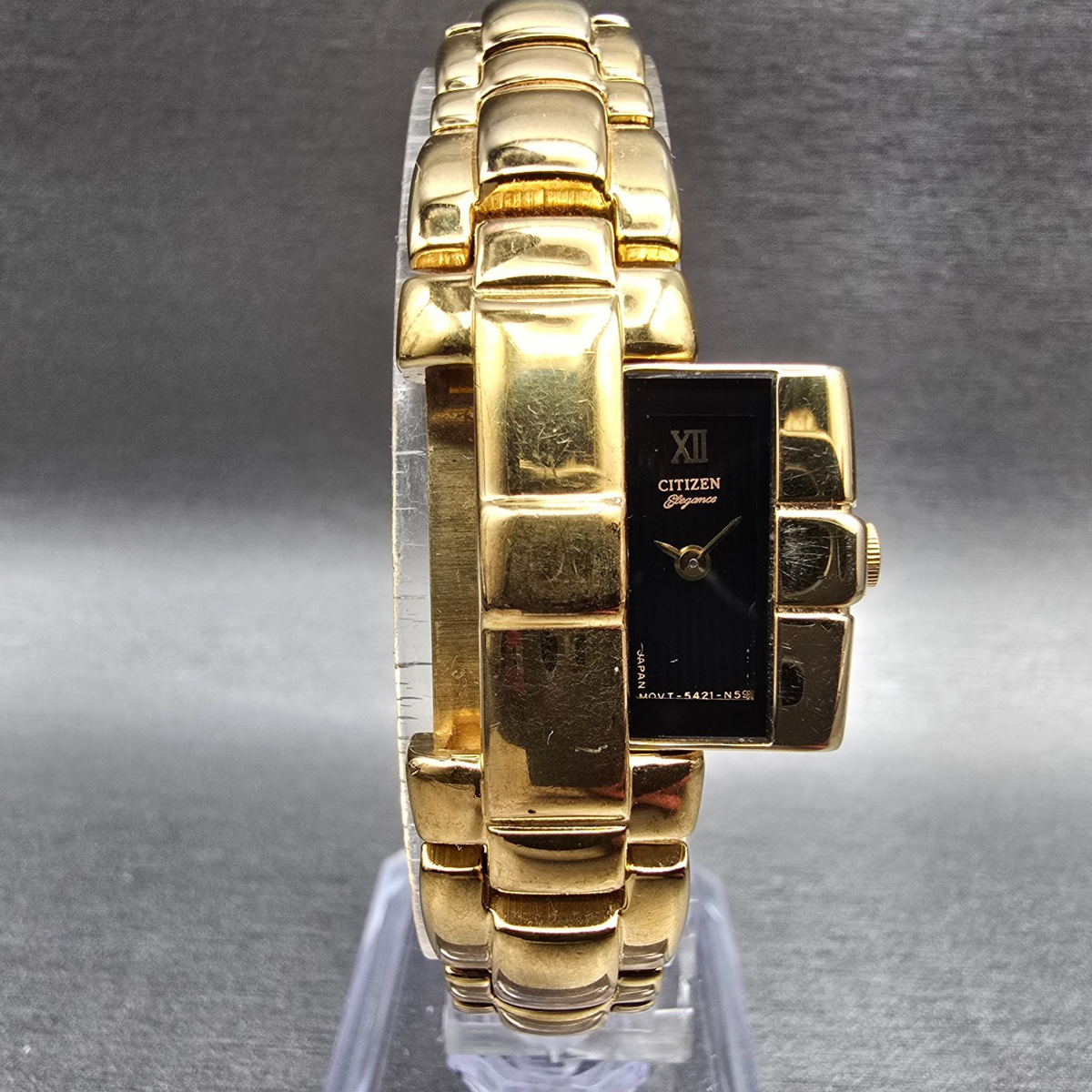 Citizen Elegance Watch Women 15mm Black Dial Gold Hideaway VTG New Battery0