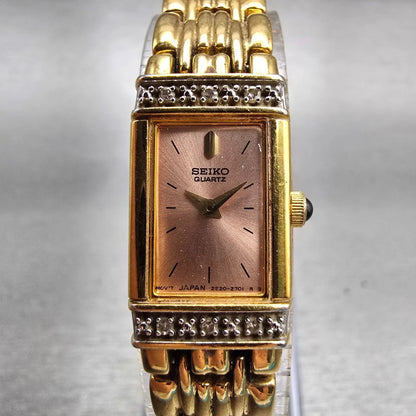 Seiko Watch Women 13mm Pink Dial Gold Tone Diamonds Rectangle 2E20-7191 New Batt0