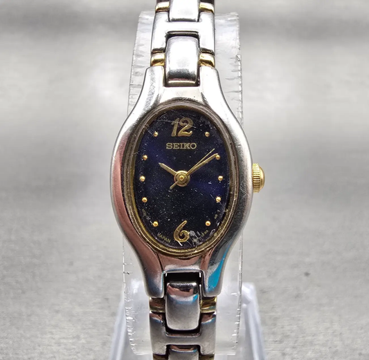 Seiko Watch Women 16mm Blue Dial Silver Tone Oval 1N01-0CT0 New Battery VintageL0