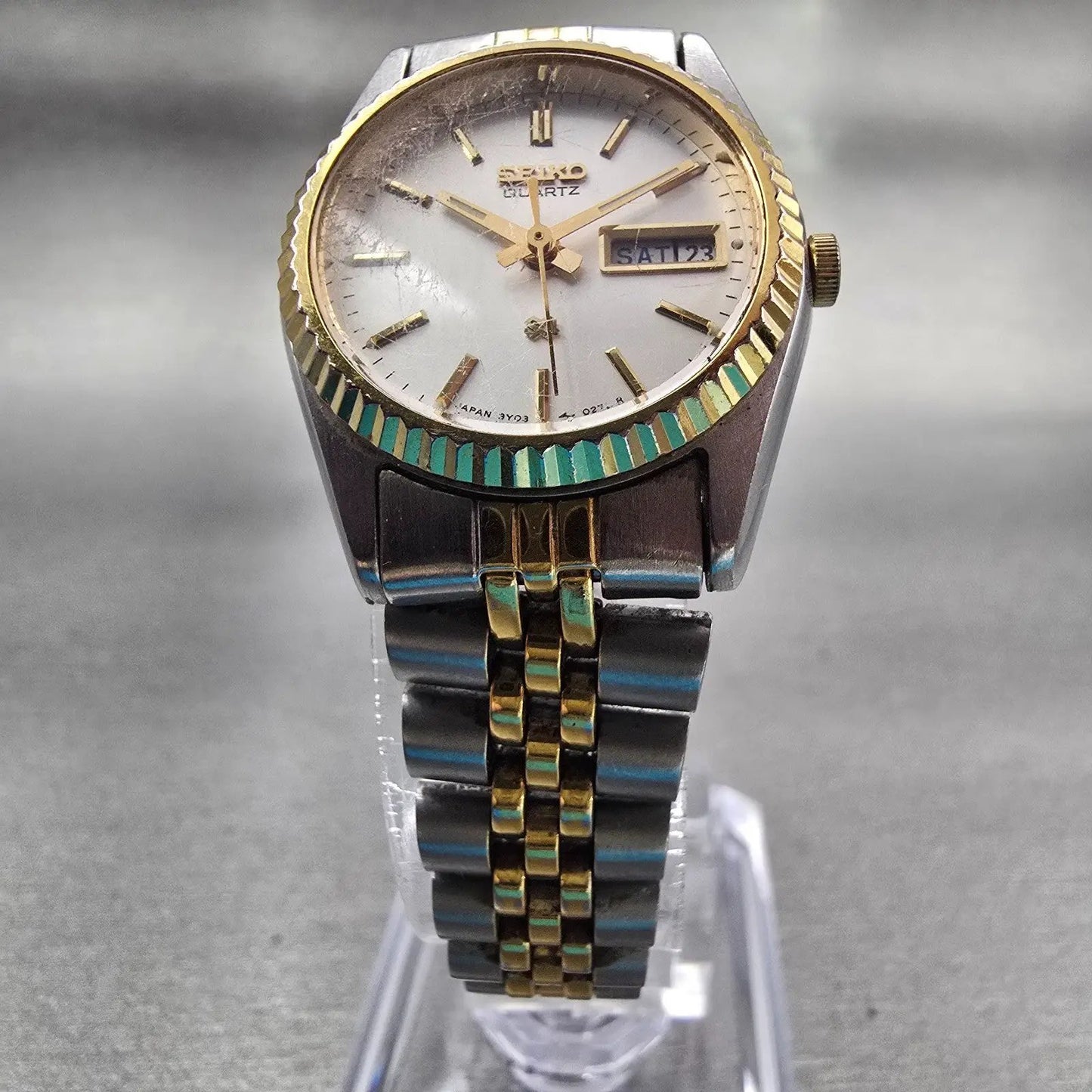 Seiko SQ Watch Women 24mm Silver Dial Two Tone Daydate Round 3Y03-0169 New Batt5