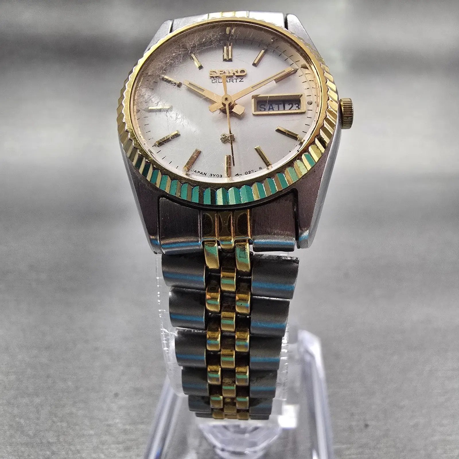 Seiko SQ Watch Women 24mm Silver Dial Two Tone Daydate Round 3Y03-0169 New Batt5