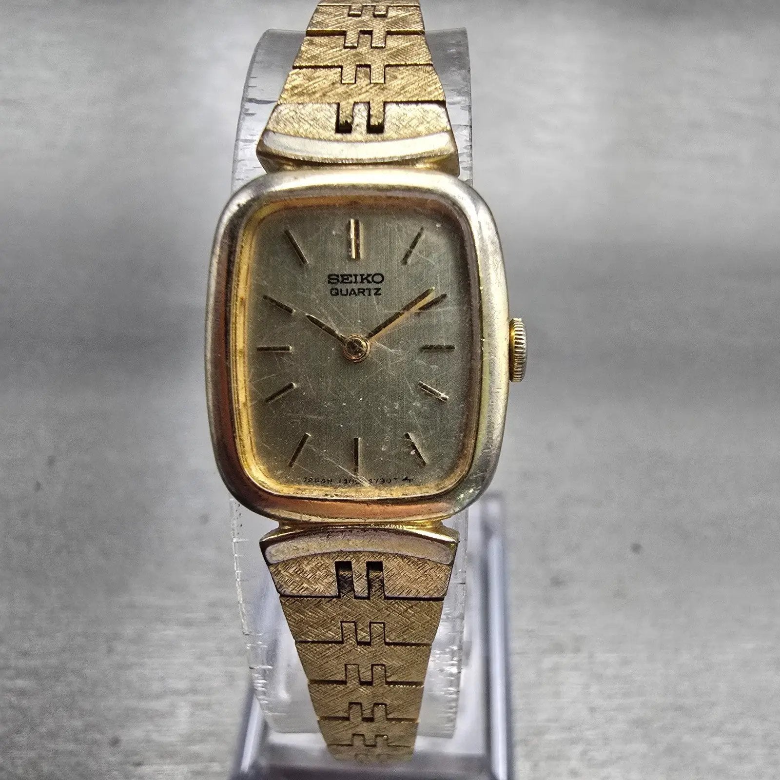 Seiko Watch Women 16mm Gold Dial Gold Tone Rectangle 1400-7619 New Battery VTG0