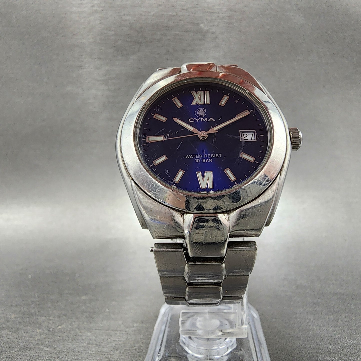Cyma Watch Men 37mm Blue Dial Stainless Steel Date Round New Battery5