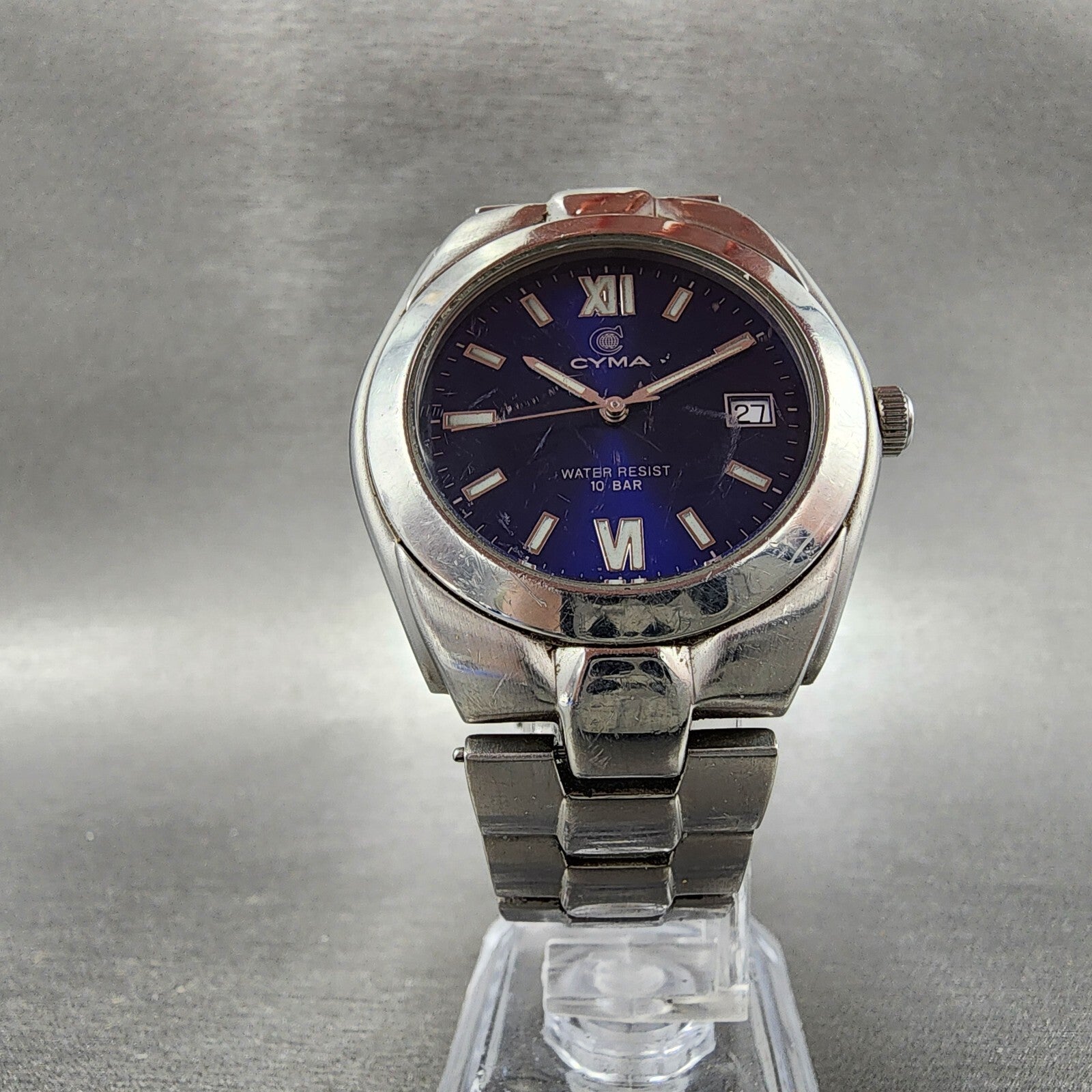 Cyma Watch Men 37mm Blue Dial Stainless Steel Date Round New Battery5